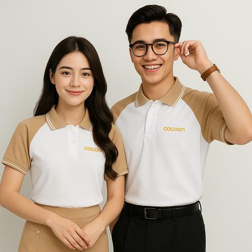 Áo Polo đồng phục Raglan Màu Trắng Phối Be