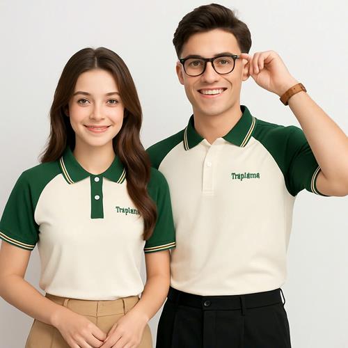 Áo Polo đồng phục Raglan Màu Be Phối Xanh Ve Chai