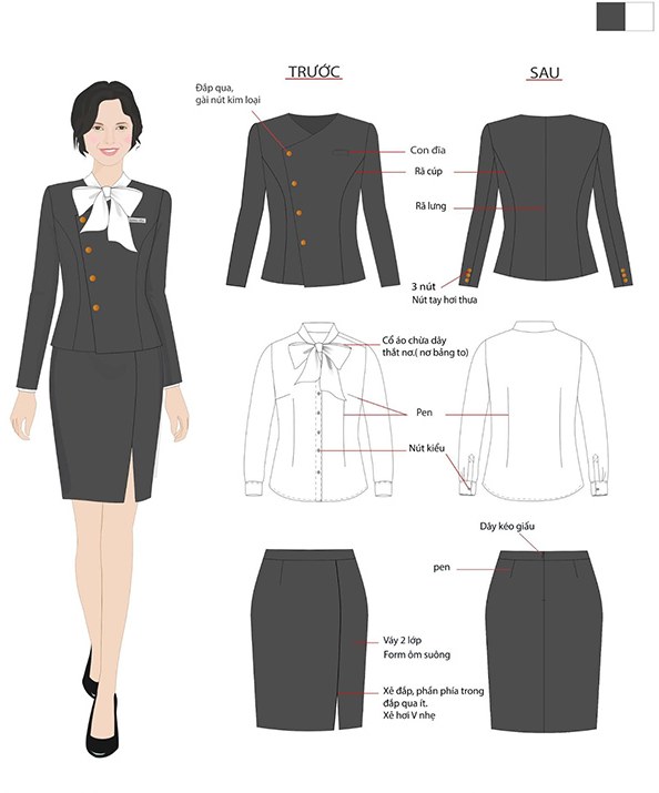 Thiết kế vest lạ mắt với hàng cúc đắp qua bằng kim loại vẻ đẹp chỉn chu, lạ mắt của đồng phục quản lý khách sạn