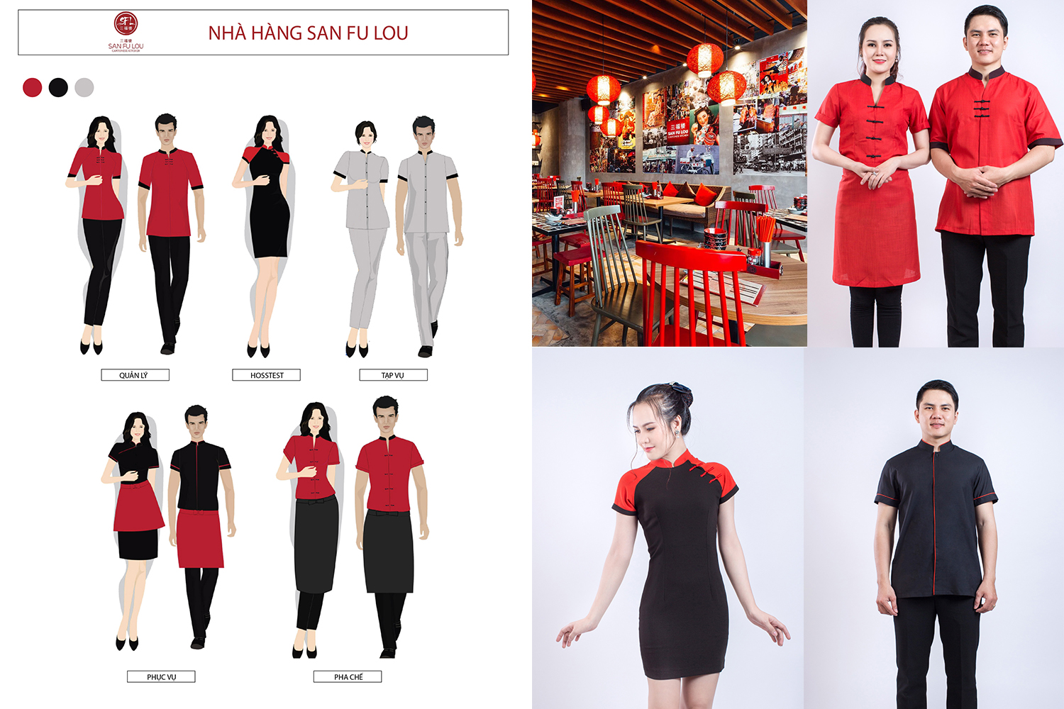 Thiết kế Đồng phục nhà hàng San Fu Lou thể hiện được phong cách Trung Hoa mà nhà hàng hướng đến.
