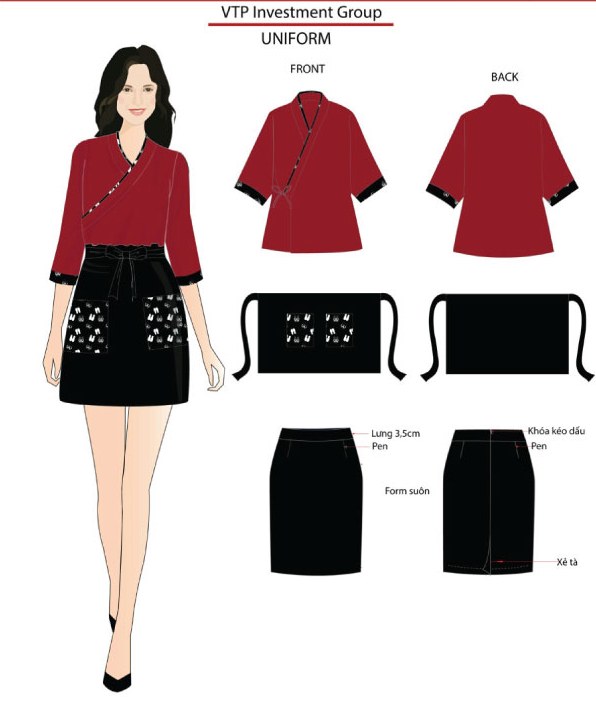 Đồng phục màu đỏ bordeaux ấn tượng với thiết kế mang đậm phong cách Nhật Bản phù hợp với concept của khách sạn