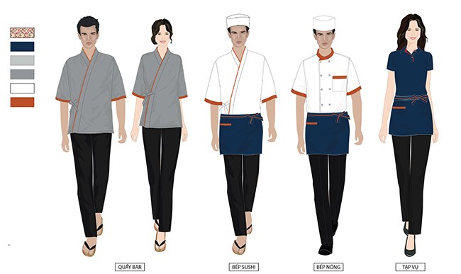 Đồng phục nhân viên tạp vụ nhà hàng Saiko với thiết kế áo thun có cổ, quần vải đen màu trung tính, đem lại vẻ ngoài lịch sự, nhã nhặn.
